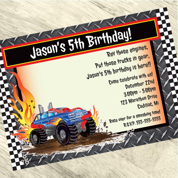 Monster Truck Party Custom Invitations, 5 x 7 in, 8 ct