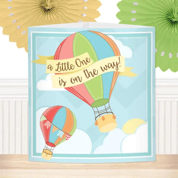 Birthday Direct Hot Air Balloon Centerpiece with a little one is on the way banner.