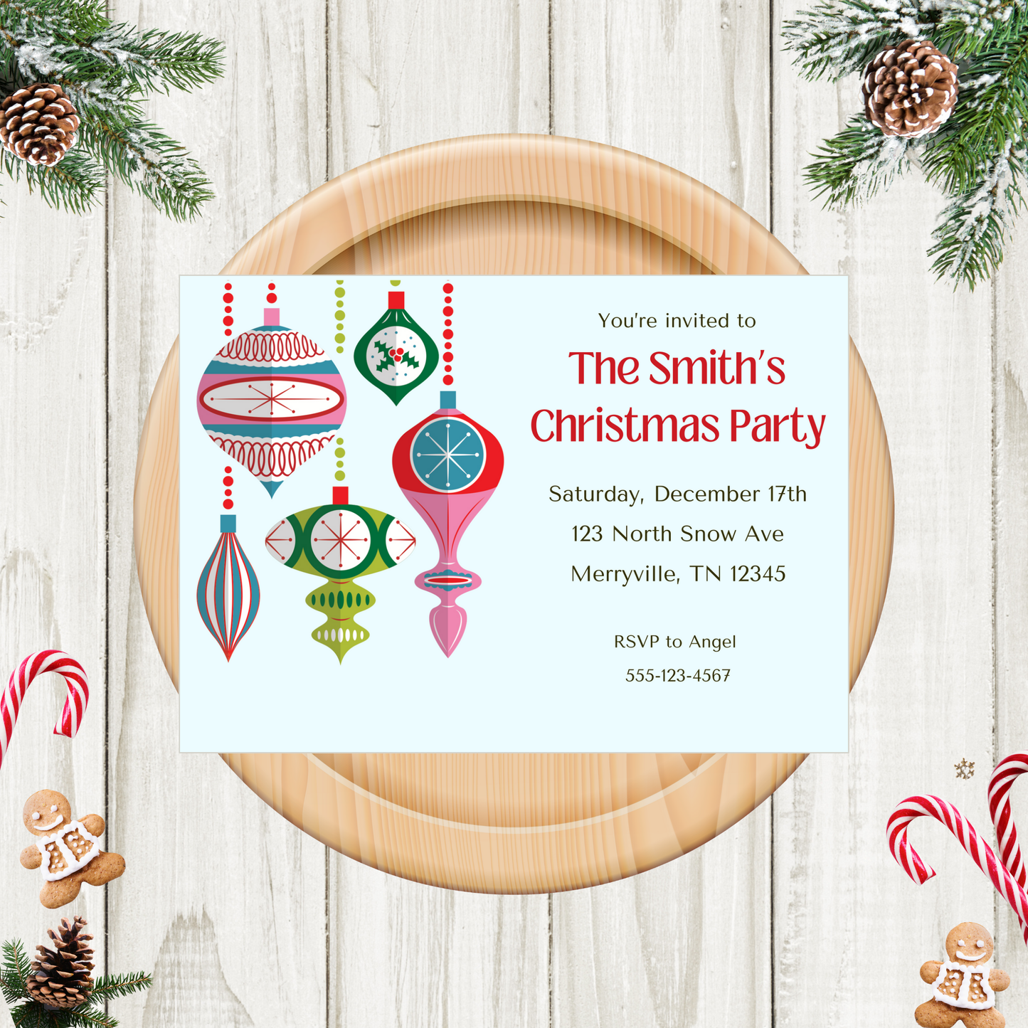 Christmas Retro Ornaments  Party Invitation, 5x7-inch Printable Template