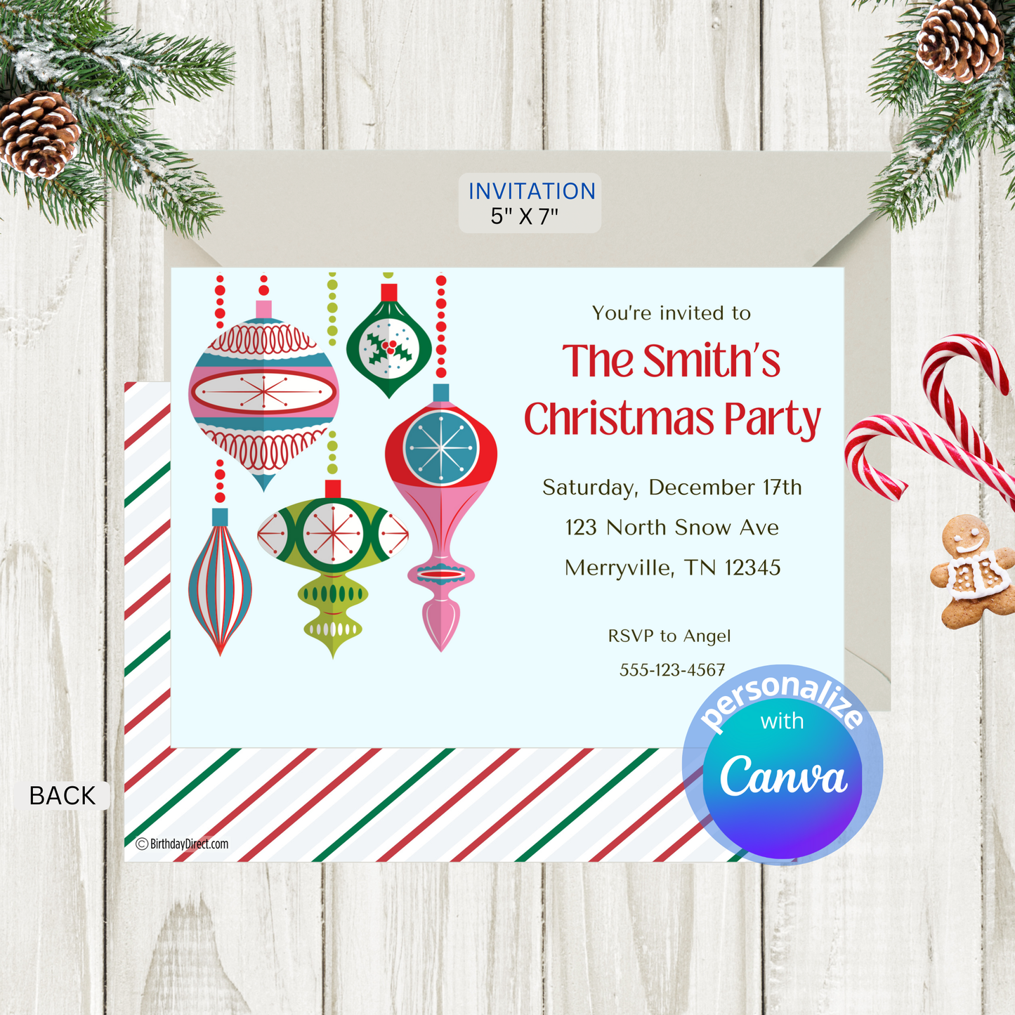 Christmas Retro Ornaments  Party Invitation, 5x7-inch Printable Template