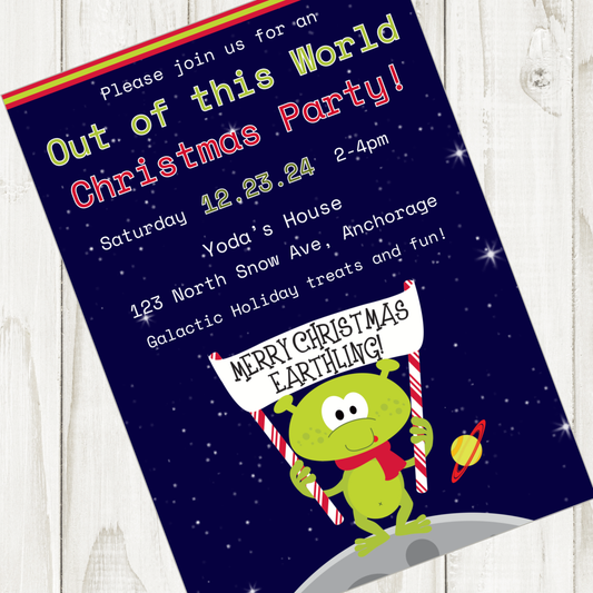 Christmas Little Green Space Alien Party Invitation, 5x7-inch Instant Download Printable Template