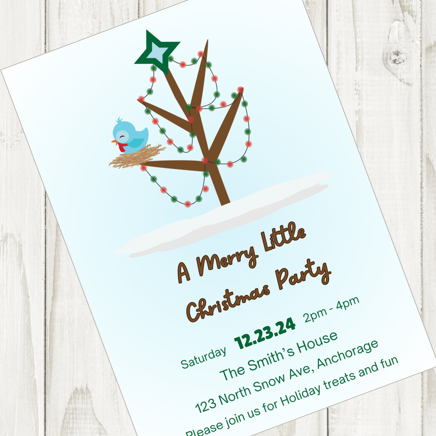 Christmas Little Blue Bird Party Invitation, 5x7-inch, Instant Download Printable Template (Copy)