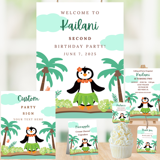 Wild Penguin Hula Birthday Bundle, Editable Canva Templates