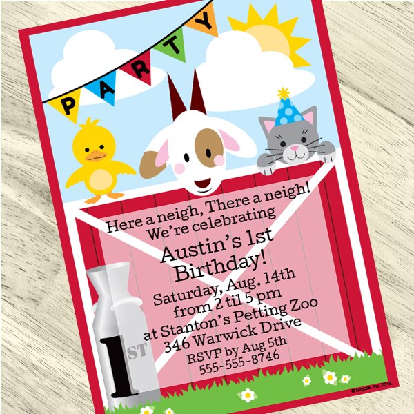 Farm Barnyard 1st Birthday Invitation, 5x7-in, Editable PDF Printable by Birthday Direct