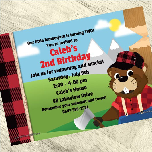 Woodland Lumberjack Beaver Party Invitation, 5x7-in, Editable PDF Printable by Birthday Direct