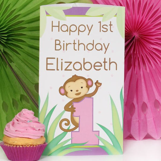 Little Monkey Pink 1st Birthday Centerpiece, 10 inch Editable PDF Printable by Birthday Direct