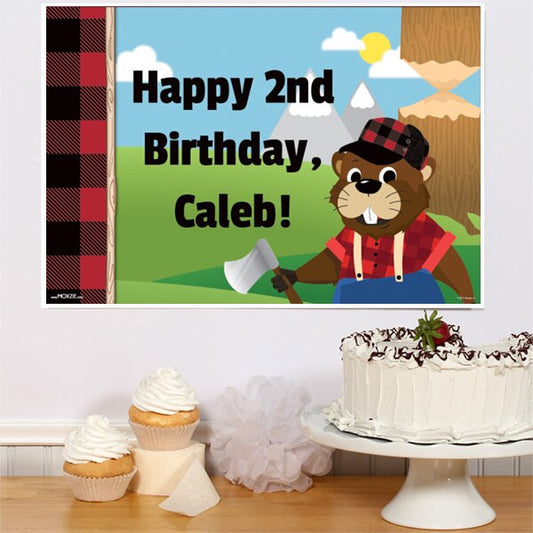 Woodland Lumberjack Beaver Party Sign, Editable PDF Printable by Birthday Direct