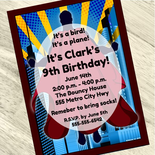 Super Hero Crimson Cape Party Invitation, 5x7-in, Editable PDF Printable by Birthday Direct