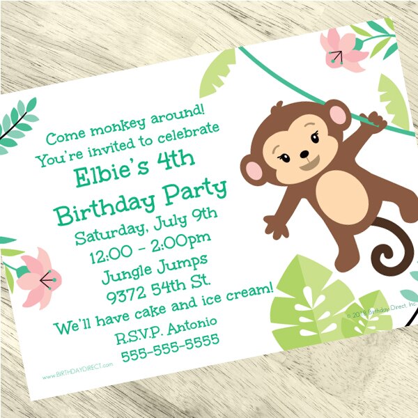 Little Monkey Party Invitation, 5x7-in, Editable PDF Printable by Birthday Direct