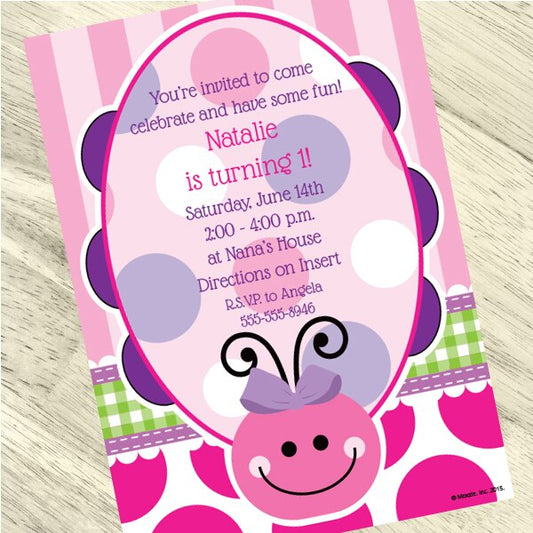 Ladybug Pink 1st Birthday Invitation, 5x7-in, Editable PDF Printable by Birthday Direct