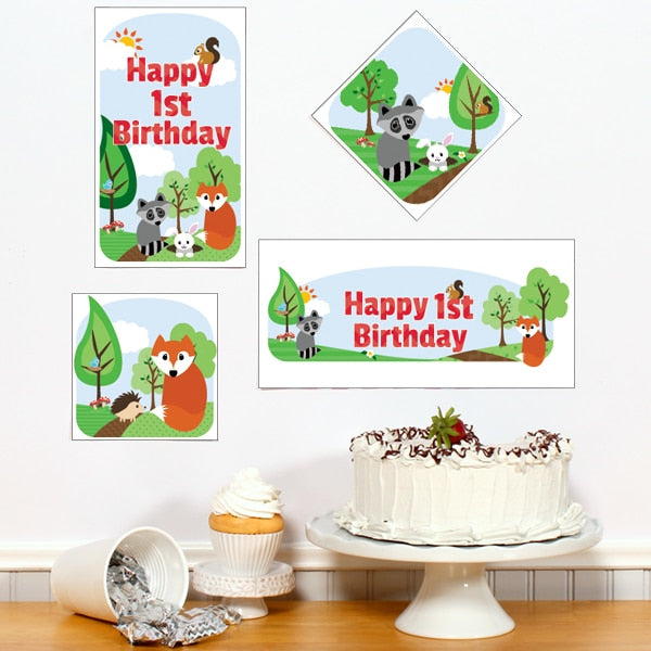 Woodland Animals 1st Birthday Sign Cutouts Wall Decoration, Editable Canva Template by Birthday Direct