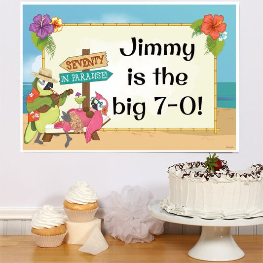 Parrot in Paradise 70th Birthday Sign, Editable PDF Printable by Birthday Direct