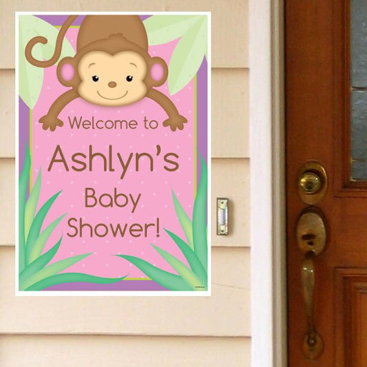 Little Monkey Pink Baby Shower Door Greeter, Editable PDF Printable by Birthday Direct