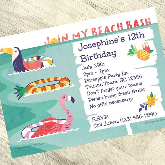 Pineapple and Flaming Pool Party Invitation, 5x7-in, Editable PDF Printable by Birthday Direct