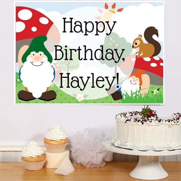 Woodland Gnome Party Sign, Editable Canva Template by Birthday Direct