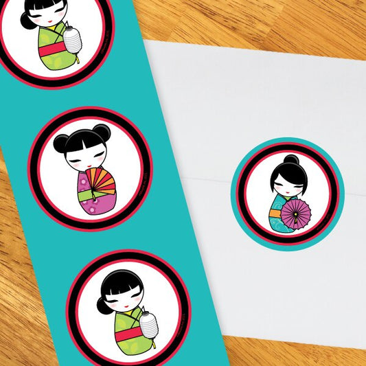 Kokeshi Doll Party 2-in Circle, 8.5x11 Printable PDF by Birthday Direct