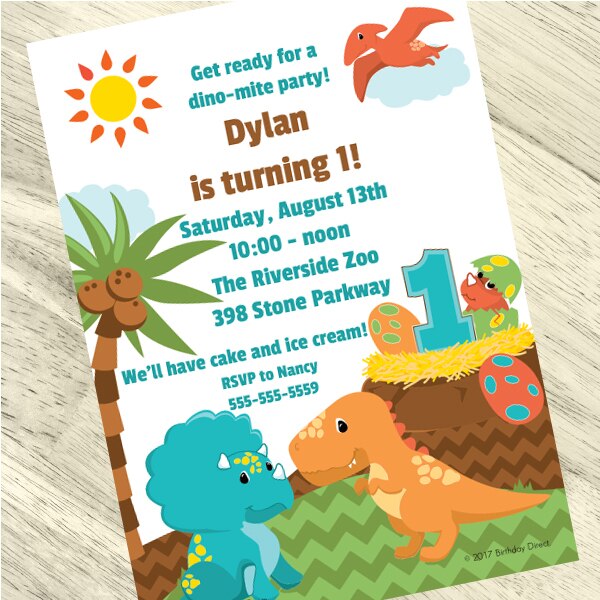 Little Dinosaur 1st Birthday Invitation, 5x7-in, Editable PDF Printable by Birthday Direct