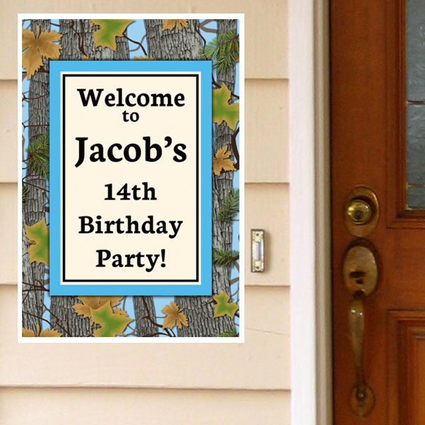 Camouflage Blue Party Welcome Sign, Editable Canva Template by Birthday Direct