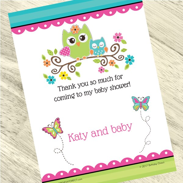 Little Owl Baby Shower Thank You, 5x7-in, Editable PDF Printable by Birthday Direct