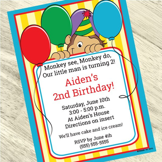 Monkey Cute Party Invitation, 5x7-in, Editable PDF Printable by Birthday Direct