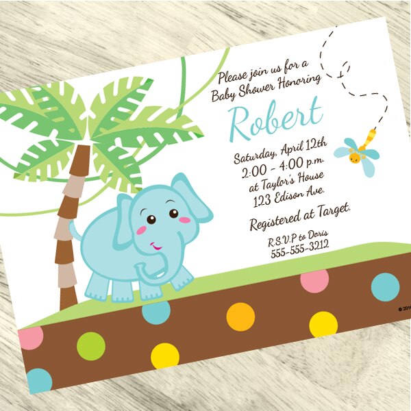 Elephant Dots BlueBaby Shower Invitation, 5x7-in, Editable PDF Printable by Birthday Direct