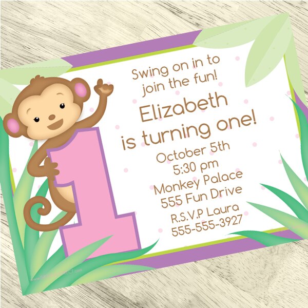 Little Monkey Pink 1st Birthday Invitation, 5x7-in, Editable Canva Template by Birthday Direct