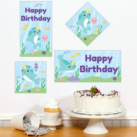 Narwhal Fantasy Birthday Sign Cutouts Wall Decoration, Editable Canva Template by Birthday Direct