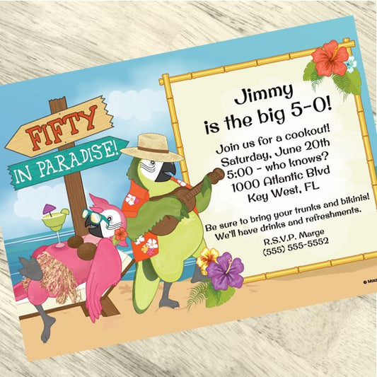 Parrot in Paradise 50th Birthday Invitation, 5x7-in, Editable PDF Printable by Birthday Direct