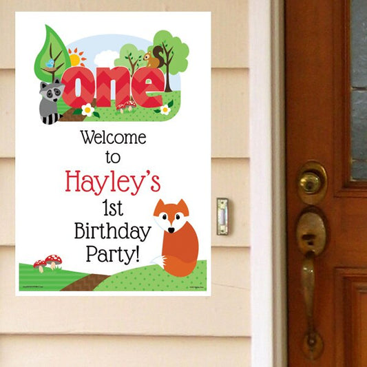 Woodland Animals 1st Birthday Door Greeter, Editable PDF Printable by Birthday Direct