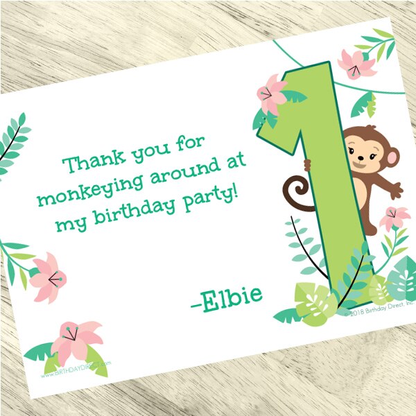 Little Monkey 1st Birthday Thank You, 5x7-in, Editable PDF Printable by Birthday Direct