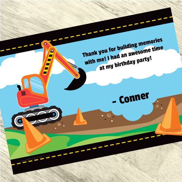 Construction Little Digger Party Thank You, 5x7-in, Editable PDF Printable by Birthday Direct