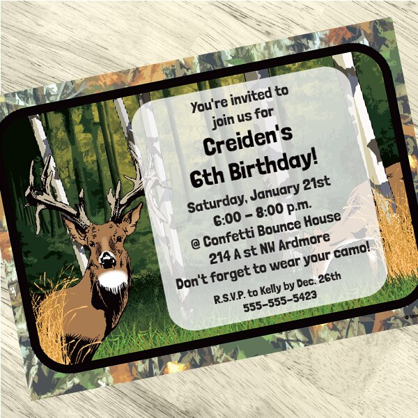 Camouflage Woodland Deer Party Invitation, 5x7-in, Editable PDF Printable by Birthday Direct