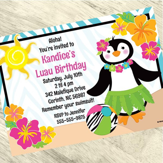 Penguin Hula Party Invitation, 5x7-in, Editable PDF Printable by Birthday Direct