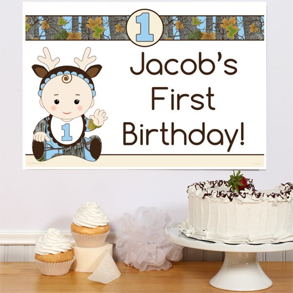 Camouflage Blue 1st Birthday Sign, Editable PDF Printable by Birthday Direct