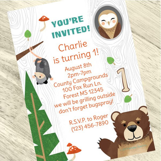 Wild Woodland 1st Birthday Invitation, 5x7-in, Editable PDF Printable by Birthday Direct