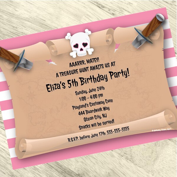 Pirate Pink Party Invitation, 5x7-in, Editable PDF Printable by Birthday Direct