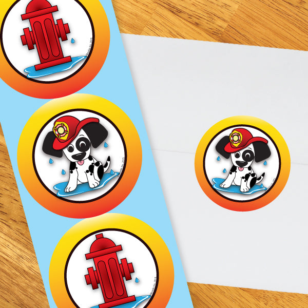 Firefighter Puppy Party 2-in Circle, 8.5x11 Printable PDF by Birthday Direct