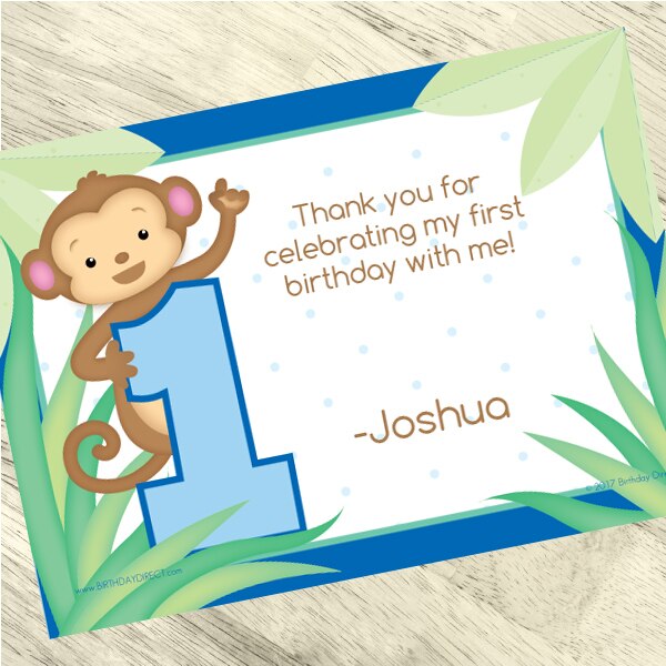 Little Monkey Blue 1st Birthday Thank You, 5x7-in, Editable PDF Printable by Birthday Direct