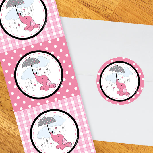 Elephant Pink Baby Shower 2-in Circle, 8.5x11 Printable PDF by Birthday Direct