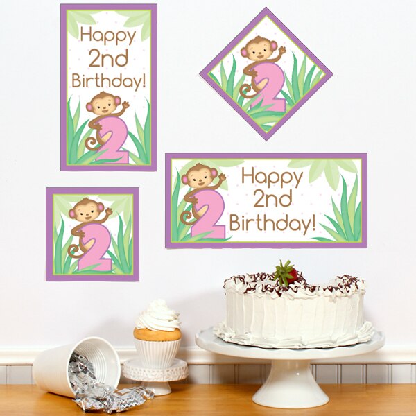 Little Monkey Pink 2nd Birthday Sign Cutouts Wall Decoration, 8.5x11 Printable PDF by Birthday Direct