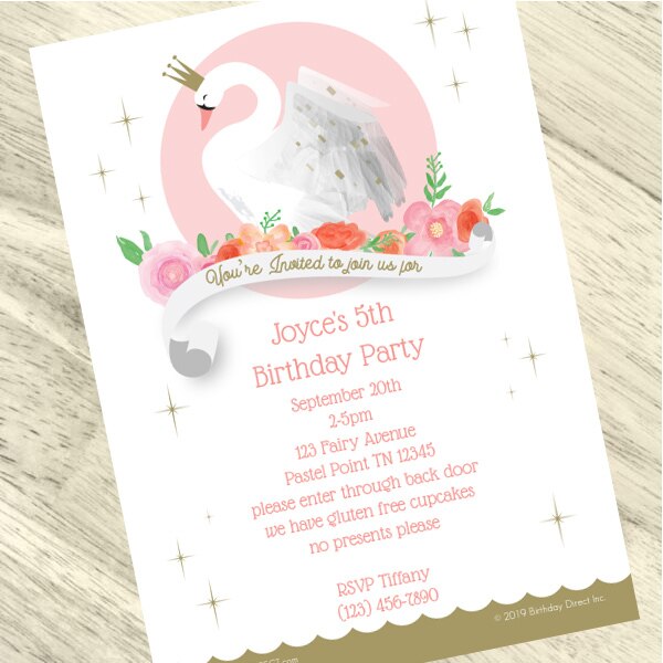 Swan Party Invitation, 5x7-in, Editable PDF Printable by Birthday Direct