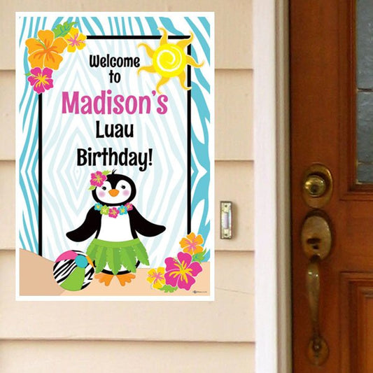 Penguin Hula Party Door Greeter, Editable PDF Printable by Birthday Direct