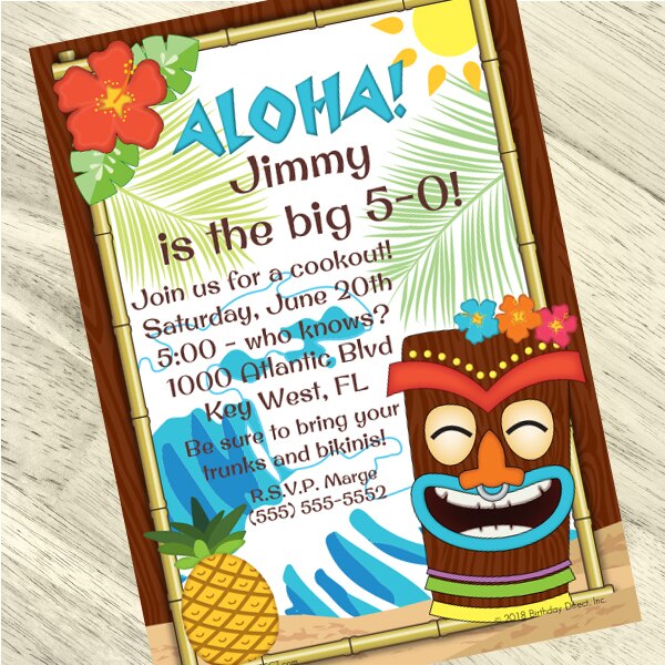 Tiki Tropic Party Invitation, 5x7-in, Editable PDF Printable by Birthday Direct