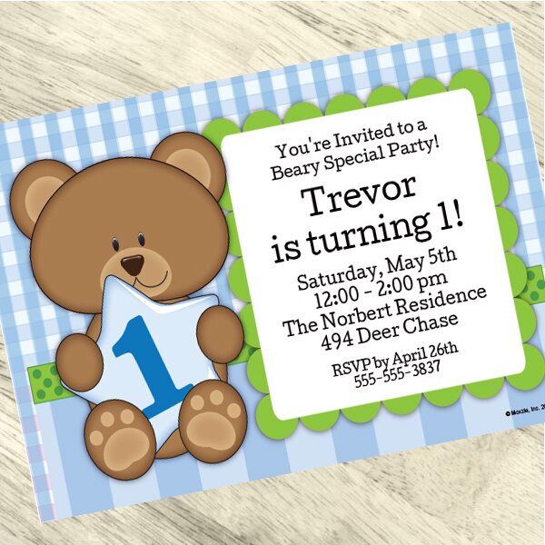 Bear Blue 1st Birthday Invitation, 5x7-in, Editable PDF Printable by Birthday Direct