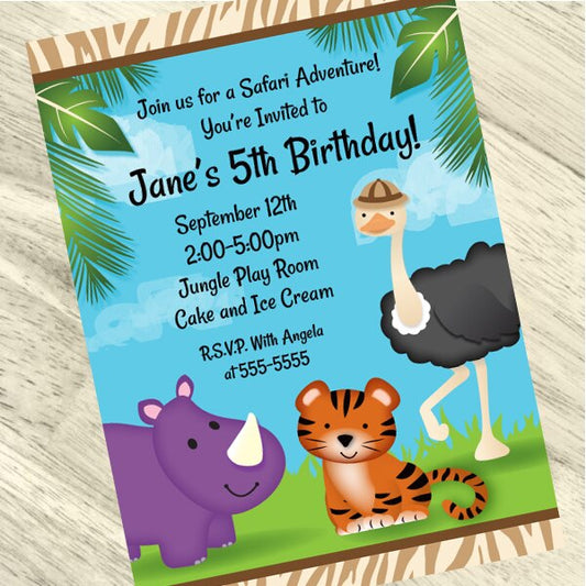 Jungle Animals Party Invitation, 5x7-in, Editable PDF Printable by Birthday Direct