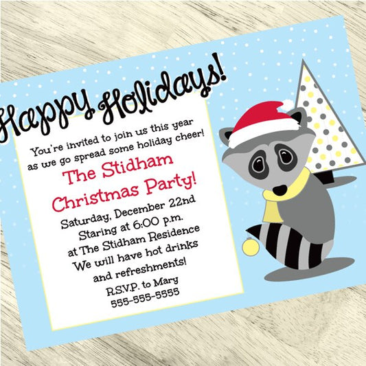 Christmas Raccoon Party Invitation, 5x7-in, Editable PDF Printable by Birthday Direct