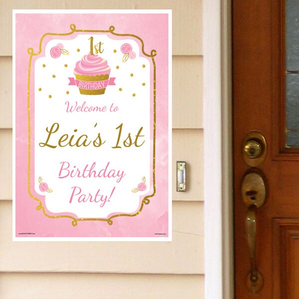 Pink and Gold 1st Birthday Welcome Sign, Editable Canva Template by Birthday Direct