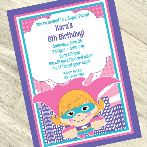 Super Girl Power Party Invitation, 5x7-in, Editable PDF Printable by Birthday Direct