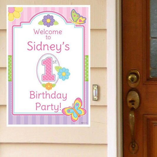 Butterfly Garden 1st Birthday Door Greeter, Editable PDF Printable by Birthday Direct