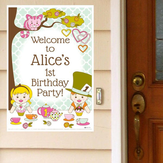 Alice in One-derland 1st Birthday Door Greeter, Editable PDF Printable by Birthday Direct